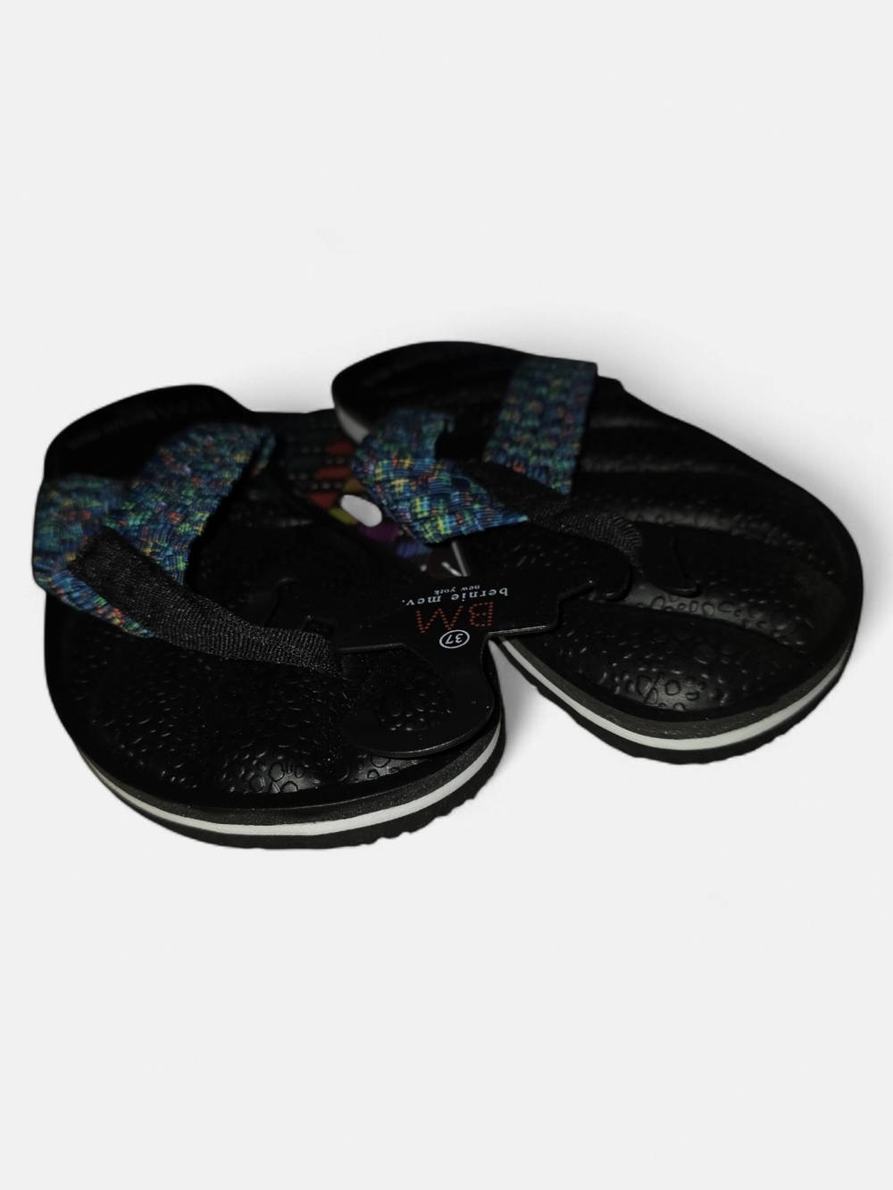 bernie mev. Women's Black Flip Flops with Multicolor Woven Straps